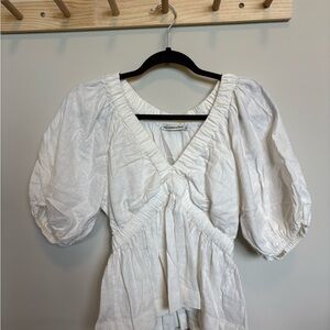 Abercrombie & Fitch White V-Neck Puff Sleeve Blouse